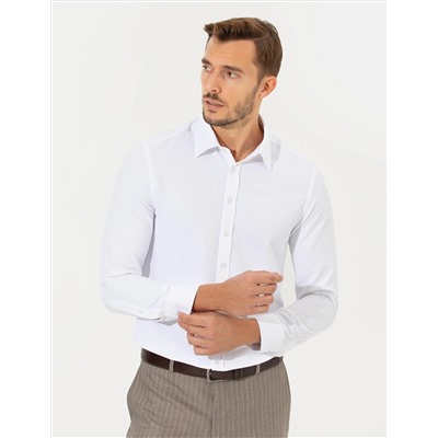 Beyaz Slim Fit Armürlü Klasik Gömlek