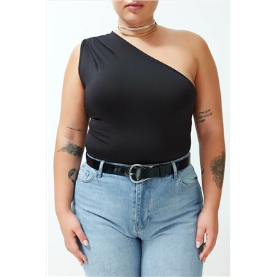 Siyah Asimetrik Yakalı Alttan Çıtçıtlı Örme Body TBBSS24AF00066