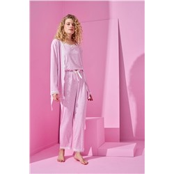 BIES Pembe Beyaz Pegasus Ip Askılı Geniş Kol Detay Sabahlıklı Viskon 3lü Pijama Takımı - Çeyizlik 3lü Set 2023