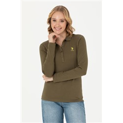 Kadın Haki Polo Yaka Basic Sweatshirt
