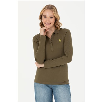 Kadın Haki Polo Yaka Basic Sweatshirt