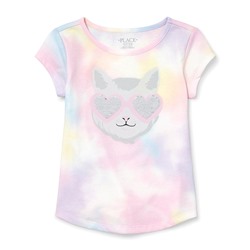 Girls Short Sleeve Flip Sequin Cat Tie Dye Top