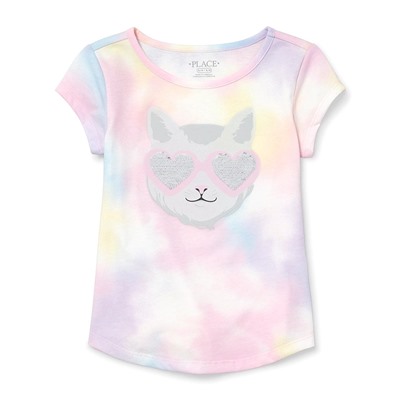 Girls Short Sleeve Flip Sequin Cat Tie Dye Top