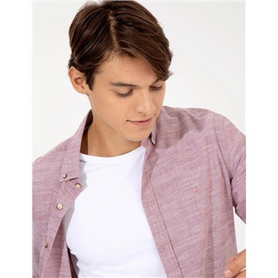 Bordo Slim Fit Keten Görünümlü Gömlek
