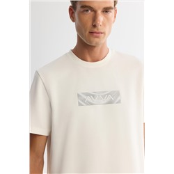 Ekru Bisiklet Yaka Baskılı Elastan T-Shirt