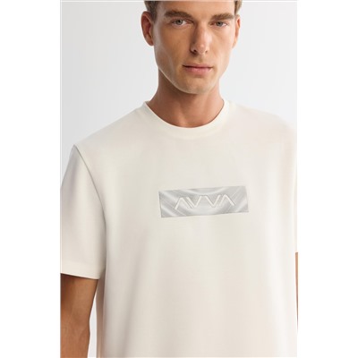 Ekru Bisiklet Yaka Baskılı Elastan T-Shirt