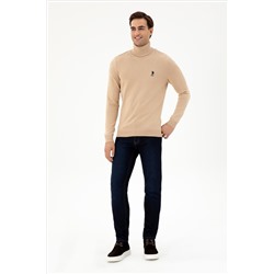 Erkek Slim Fit Boğazlı Yaka Kum Melanj Basic Kazak