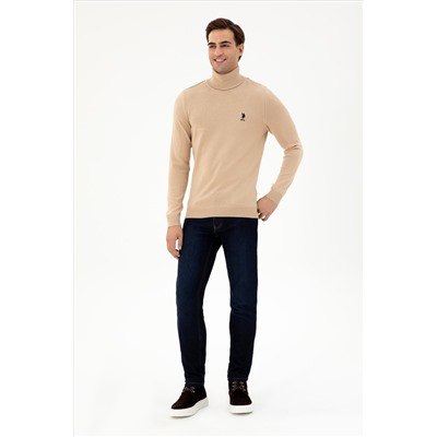 Erkek Slim Fit Boğazlı Yaka Kum Melanj Basic Kazak