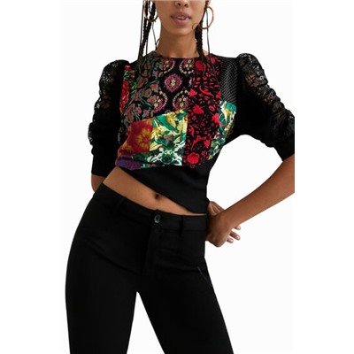 Blusa patch digital mangas encaje