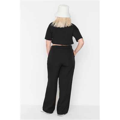 Siyah Wide Leg/Geniş Paça Pileli Dokuma Büyük Beden Kumaş Pantolon TBBAW23AR00007