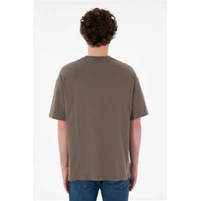 Erkek Oversize Fit Bisiklet Yaka Vizon Tişört
