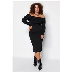 Trendyol Curve Siyah Carmen Yaka Triko Elbise TBBAW24AH00001