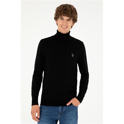 Erkek Slim Fit Boğazlı Yaka Siyah Basic Kazak