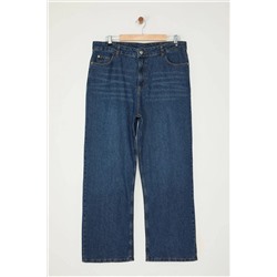 Koyu Mavi Yüksek Bel Soluk Efekt Vintage Yıkama Geniş Paça Büyük Beden Wide Leg Jeans TBBSS24CJ00042