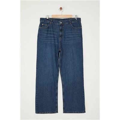 Koyu Mavi Yüksek Bel Soluk Efekt Vintage Yıkama Geniş Paça Büyük Beden Wide Leg Jeans TBBSS24CJ00042