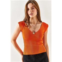 Olalook Kadın Turuncu Omuzu Vatka Efektli Crop Triko Bluz BLZ-19002347