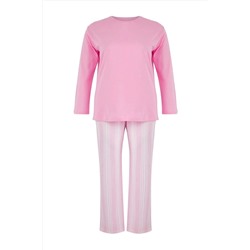 Pembe %100 Pamuklu Çizgili Örme Büyük Beden Pijama Takımı TBBAW26AI00014