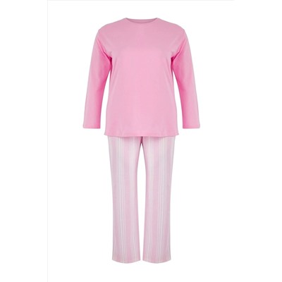 Pembe %100 Pamuklu Çizgili Örme Büyük Beden Pijama Takımı TBBAW26AI00014