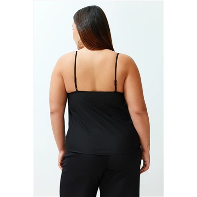 Siyah Askılı Dantelli Dokuma Büyük Beden Bluz TBBSS24AF00070