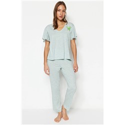 TRENDYOLMİLLA Yeşil Kaktüs Baskılı Kol Volan Detaylı T-shirt-Pantolon Örme Pijama Takımı THMSS20PT0172