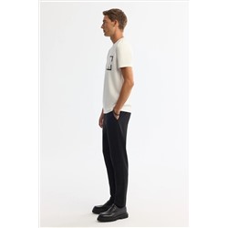Ekru Bisiklet Yaka Baskılı Elastan T-Shirt