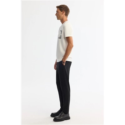 Ekru Bisiklet Yaka Baskılı Elastan T-Shirt