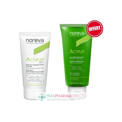 Noreva Actipur Pack 3en1 Soin Anti Imperfections Correcteur Intensif 30ml + Gel Dermo-Nettoyant 100ml OFFERT