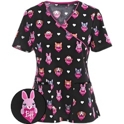 Cherokee Scrubs Animal Friends Mock Wrap Top