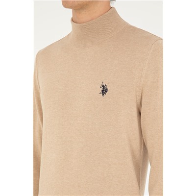 Erkek Slim Fit Yarım Boğazlı Kum Melanj Basic Kazak