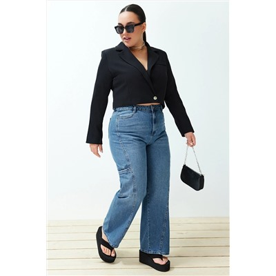 Siyah Crop Astarlı Büyük Beden Blazer Dokuma Ceket TBBSS24AG00003