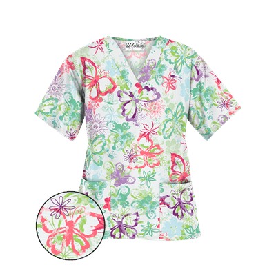 UA Splashy Butterflies White V-Neck Print Scrub Top