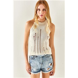 Olalook Kadın Ekru Halter Yaka Lazer Detaylı Triko Bluz BLZ-19002355