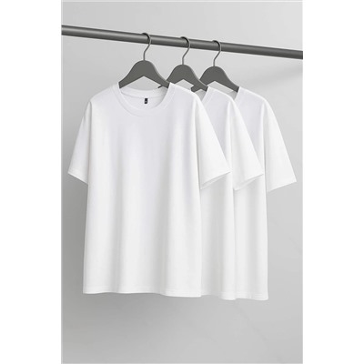 Beyaz Beyaz 3'lü Paket Büyük Beden T-shirt TBBSS25BF00071