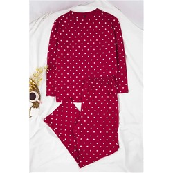 Bordo Kalp ve Puantiye Desenli Örme Pijama Takımı TBBAW25AI00065
