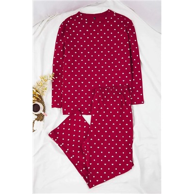 Bordo Kalp ve Puantiye Desenli Örme Pijama Takımı TBBAW25AI00065