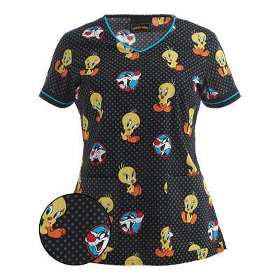 Cherokee Tooniforms Scrubs Dot's A Lotta Tweety Print Top