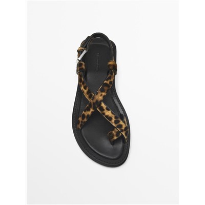 Animal print faux fur sandals