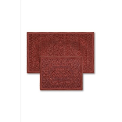 Bluenity Manolya Bahçesi Doğal Pamuklu 2'li Banyo Kilim Seti 60x100 50x60 Cm Kırmızı Manolya01