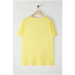 Sarı Slogan Baskılı Boyfriend %100 Pamuk Örme Büyük Beden T-shirt TBBSS24BF00036
