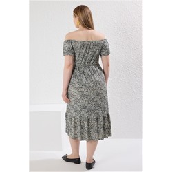 Siyah-Bej Çiçek Desenli A-line Maxi Boy Örme Büyük Beden Elbise TBBSS22AH00009