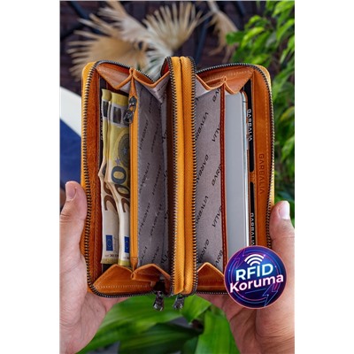 Garbalia, Orleans Vintage Deri Hardal Sarısı Telefon Bölmeli Rfid Engelleyici El Çantası Cüzdan