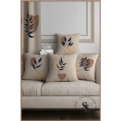SasoHome Modern Tasarımlı Krem Zemin Üzerine Lacivert Yapraklar Desenli 4lü Dijital Baskılı Kırlent Kılıfı Saso-006
