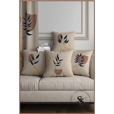 SasoHome Modern Tasarımlı Krem Zemin Üzerine Lacivert Yapraklar Desenli 4lü Dijital Baskılı Kırlent Kılıfı Saso-006
