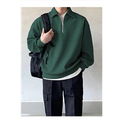 GENIUS STORESTORE Erkek Polo Yaka Oversize Sweatshirt Yarım Fermuar Sweatshirt
