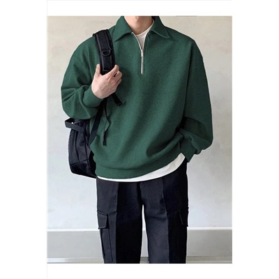 GENIUS STORESTORE Erkek Polo Yaka Oversize Sweatshirt Yarım Fermuar Sweatshirt