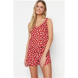 TRENDYOLMİLLA Kırmızı %100 Pamuk Kalp Desenli Atlet-Şort Örme Pijama Takımı THMSS23PT00199