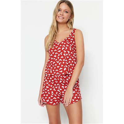 TRENDYOLMİLLA Kırmızı %100 Pamuk Kalp Desenli Atlet-Şort Örme Pijama Takımı THMSS23PT00199