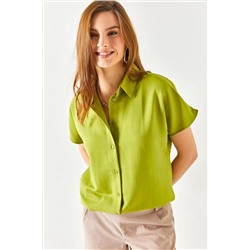 Olalook, Kadın Açık Yeşil Yarasa Oversize Keten Gömlek GML-19001109