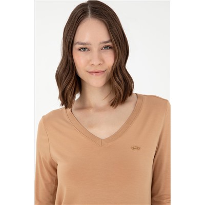 Kadın Camel V Yaka Sweatshirt