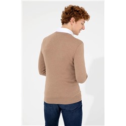 Erkek Camel Melanj V - Yaka Basic Triko Kazak
